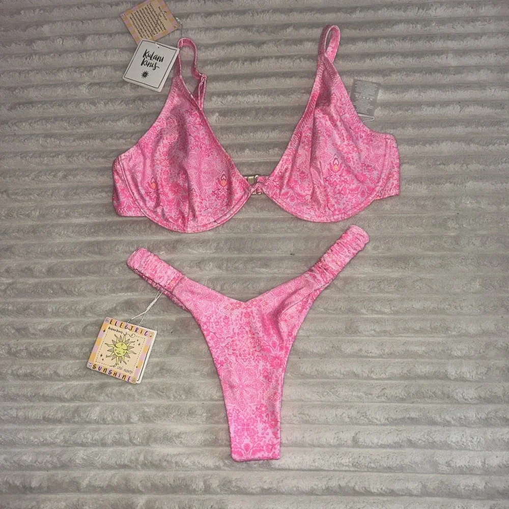 Kulani Kinis Bikini Electric Sunshine Bottom & Invisible Underwire Top Pink NWT